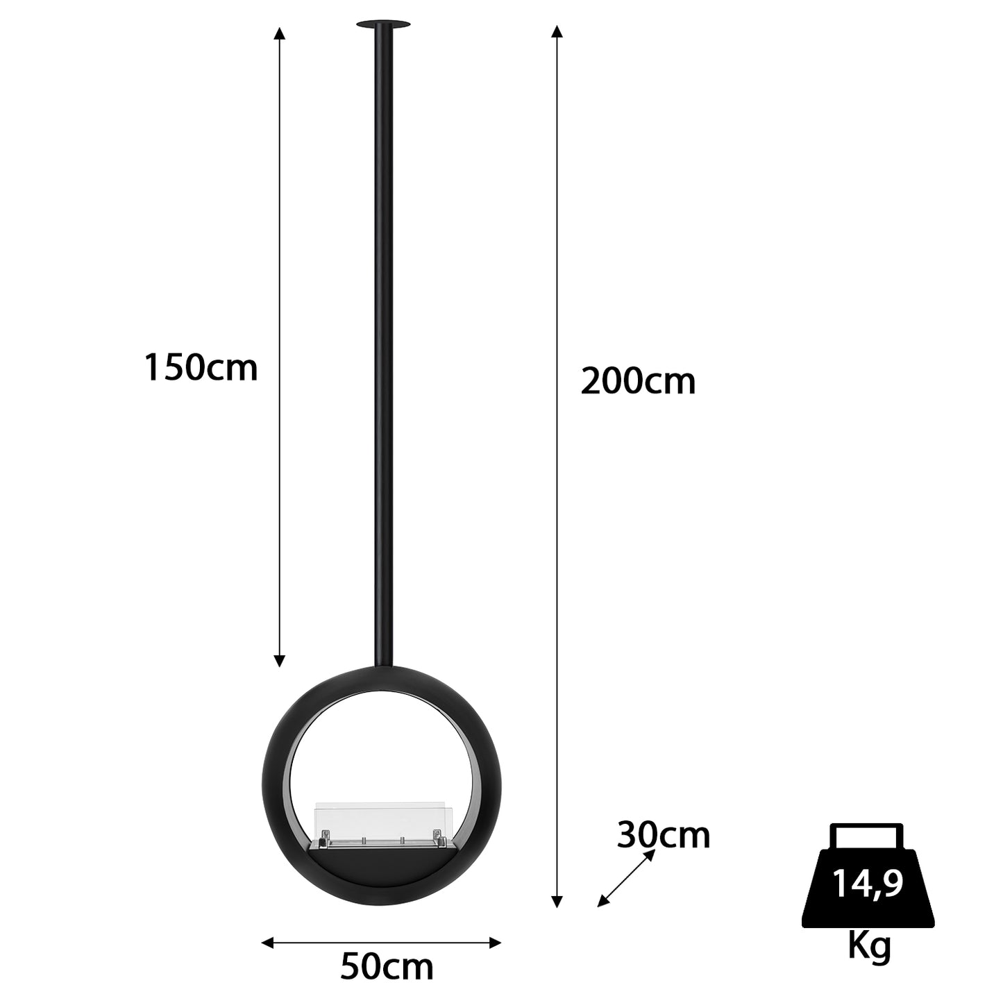 Lunaris Schwarz Ethanol Kamin (50 x 30 x 200 cm 1,2 Liter)