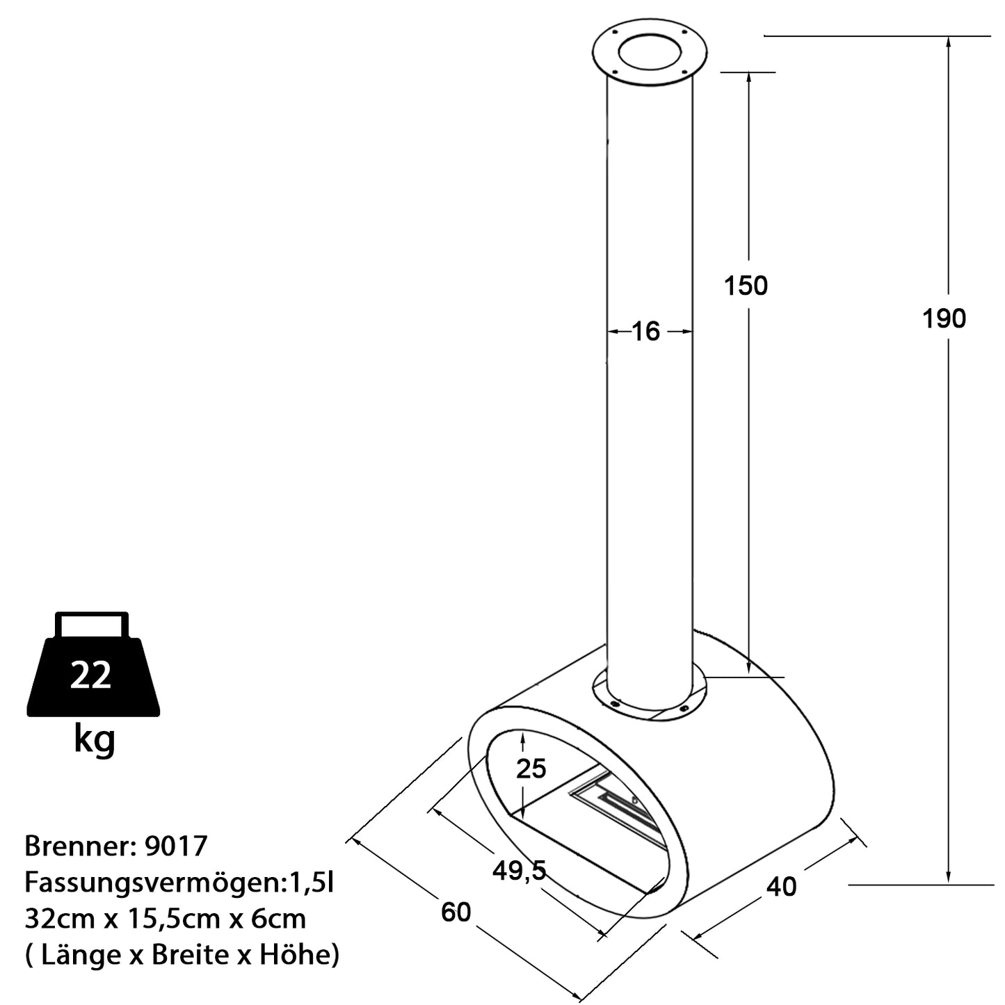 Ovails Schwarz Ethanol Kamin (60 x 40 x 190 cm 1,5 Liter)