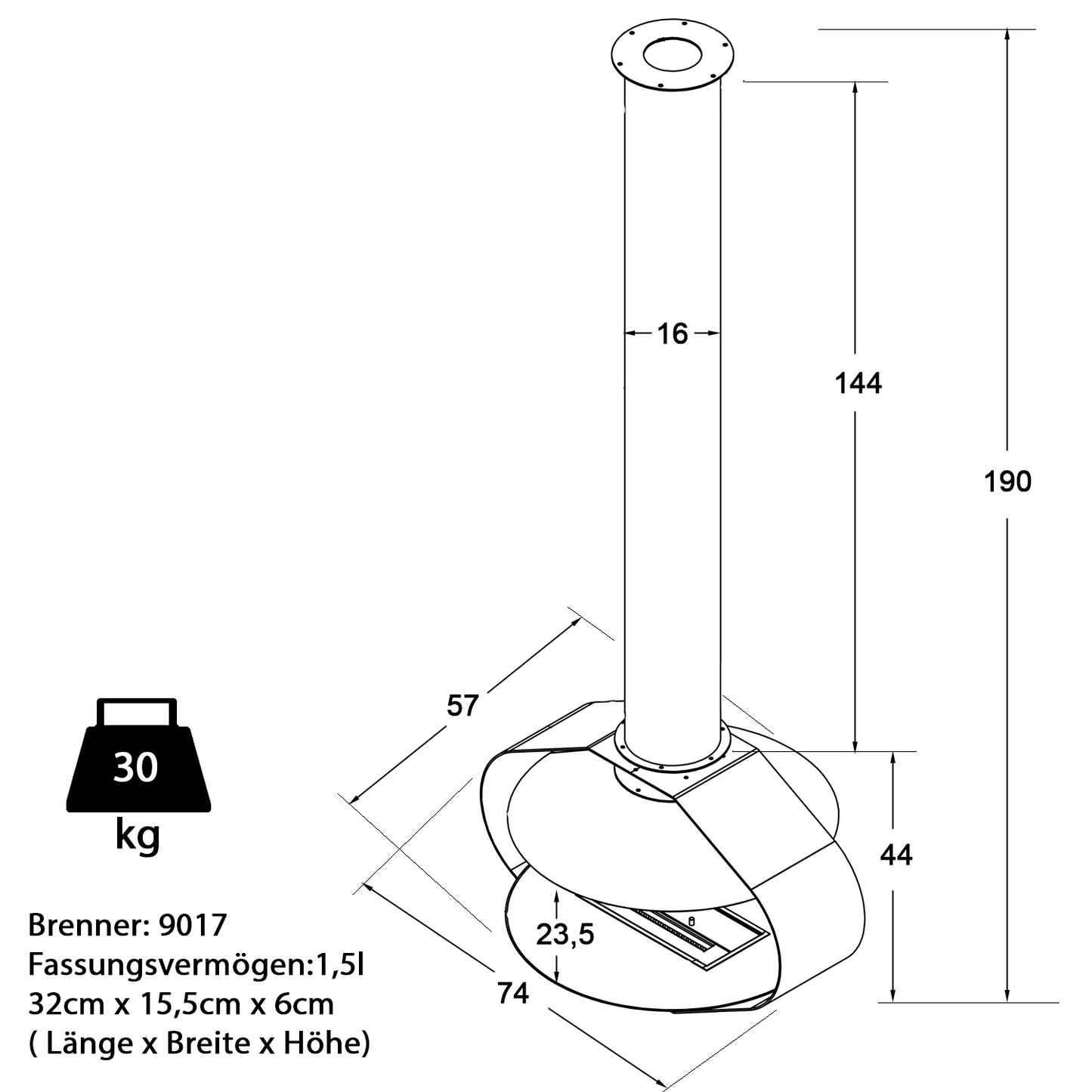 Aero Schwarz Ethanol Kamin (74 x 57 x 190 cm 1,5 Liter)